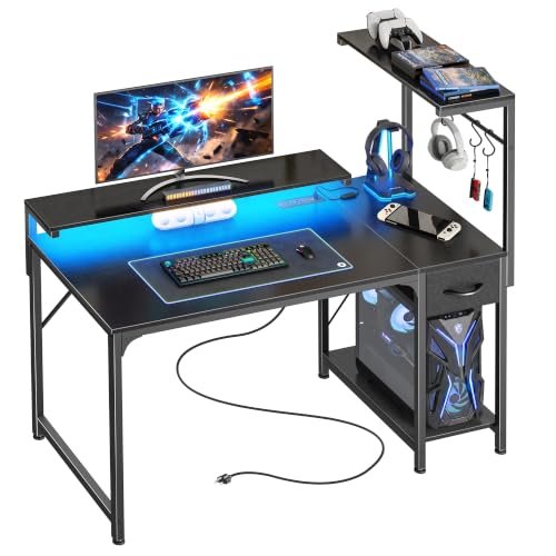 PRAISUN 39.4-Inch Gaming Desk with RGB LED Lights & Power Outlets - Black