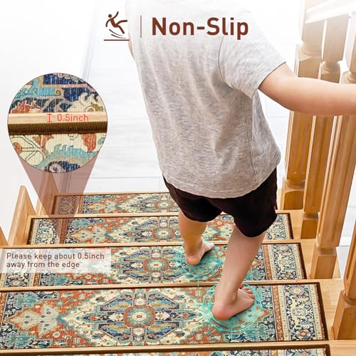 Red 8x30 Inch Non-Slip Carpet Stair Treads 15 Pack with Reusable Adhesive for Wooden Steps, Kids, Pets - Bohemia Style