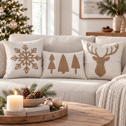VANNCIO 20x12 Inch Jute Embroidered Christmas Tree Lumbar Pillow Cover - Pack of 1