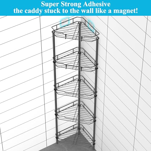 HuggieGems 5-Tier Black Corner Shower Caddy Organizer Stand with Hooks