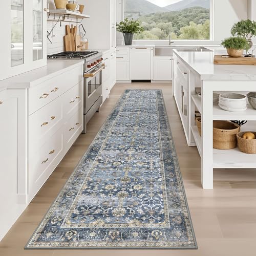 KUTA Vintage Washable Long Runner Rug 2.6x12 ft Blue Grey Beige Non-Slip for Hallways