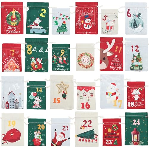 Gmngis Christmas Burlap Treat Bags 2025 - 24 Pack Holiday Gift Bags with Drawstrings