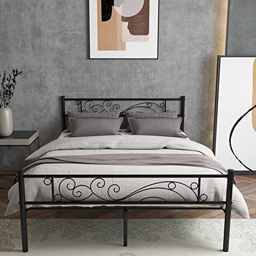 Weehom Full Size Platform Bed Black with Flower Design - Easy Assembly, Heavy Duty Metal Slats