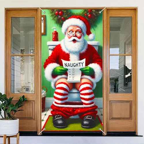 Funny Santa Toilet Christmas Door Banner Cover 35x71 Inch Hilarious Holiday Door Cover Decoration for Bathroom Red Green Vertical Porch Sign Naughty List Indoor Outdoor Wall Decor
