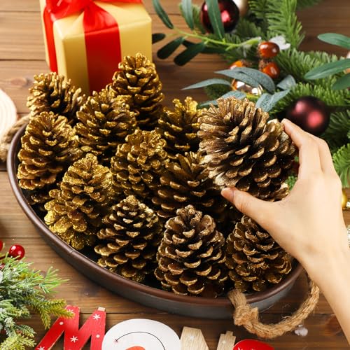 Janinka 24 Pcs 4 Inch Gold Christmas Glitter Pine Cones Ornaments