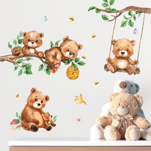 Yovkky Woodland Animals Bear Wall Decals Stickers, Forest Cute Birds Branch Swing Honeycomb Infant Neutral Toddler Baby Nursery Decor, Butterfly Bee Leaves Mushroom Decorations Kids Bedroom Playroom