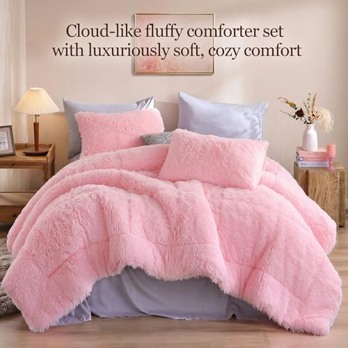 Pink Faux Fur King Size Comforter Set - 3 Pieces, Soft & Fluffy Bedding