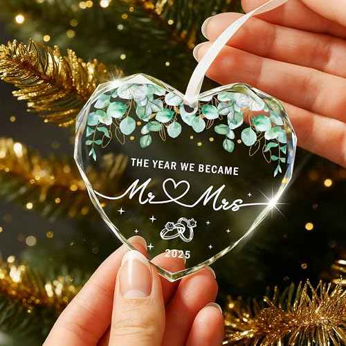 Mr and Mrs Glass Ornament-Wedding Gifts for Couples, Bridal Shower Present for Bride, 1st Married Heart Shape Ornament