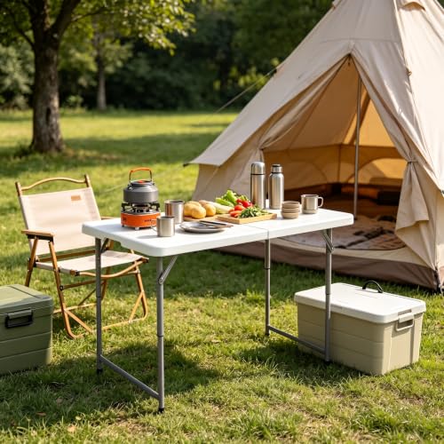 White 4ft Heavy Duty Folding Table - Adjustable Height Portable Plastic Indoor Outdoor