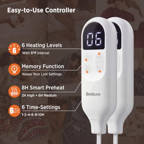 Bedsure King Size Heated Blanket - Grey, Dual Control, 6 Heating Levels & Timer