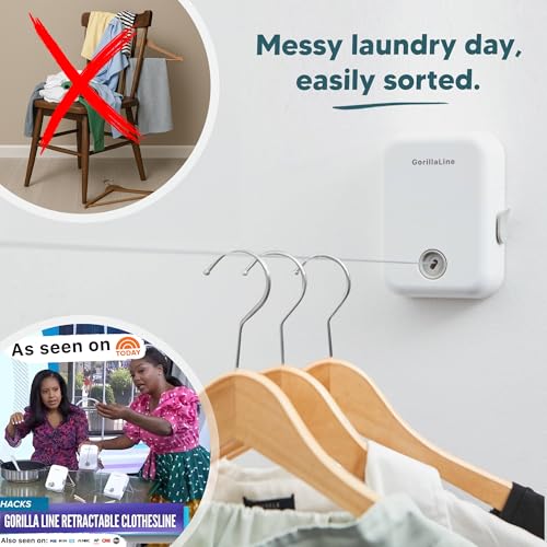 GorillaLine White Retractable Clothesline Indoor & Outdoor Wall Mount Heavy Duty Laundry Line