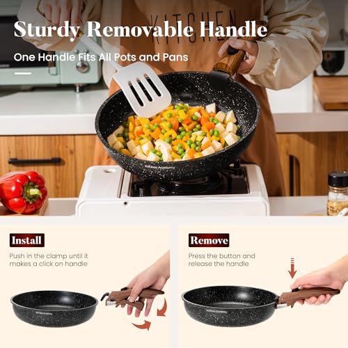 Kitchen Academy Black Removable Handle Induction Cookware Set - 10 Piece Non-Stick Pots & Pans for RV & Camping