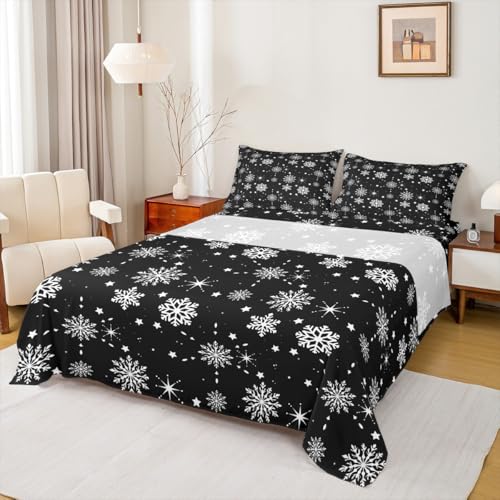 Erosebridal Christmas Bed Sheets Magical Snowflakes Sheet Set for Kids Girls Boys Black and White Bed Sheet Set Full Size Glitter Star Flat Sheet Deep Pocket Room Decor with 2 Pillow Cases, Black