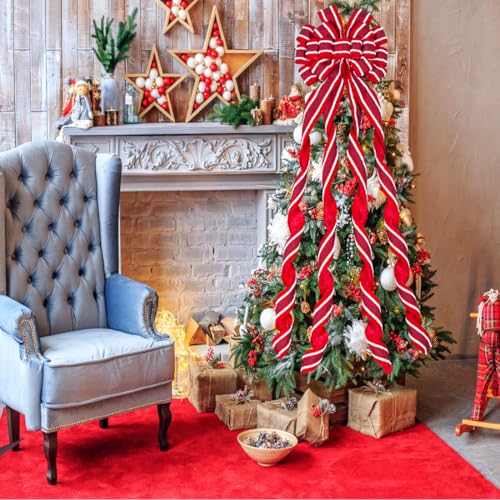Christmas Tree Topper Bow Large Red Wreath Topper, Flocking Fabric