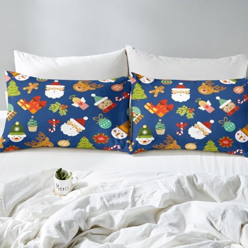 Feelyou Xmas Elk Deer Duvet Cover Set Kids Santa Claus Decorative Bedding Set Cute Penguin Comforter Cover Set for Women Men Room Decor Lightweight Navy Blue Bedspread Cover with 2 Pillow Cases