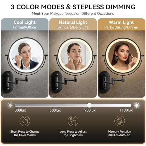 Auxmir Wall Mounted Makeup Mirror 8 Inch 20X Magnification, Rechargeable, Black, 9.2"L x 12"W