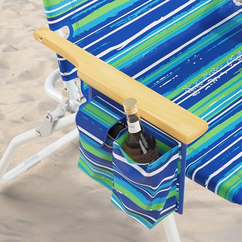 Yestomo Striped Blue & Green Tall Backpack Beach Chair, 17" Seat Height, 5 Reclining Positions, Supports 350lbs