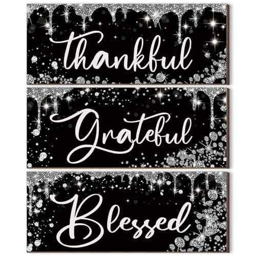 Wenqik 3 Pcs Glitter Wooden Thankful Wall Decor Diamond Grateful Blessed Wall Decor Thanksgiving Wooden Black Silver Shiny Hanging Sign Christmas Decoration Wood Gift for Home Bathroom