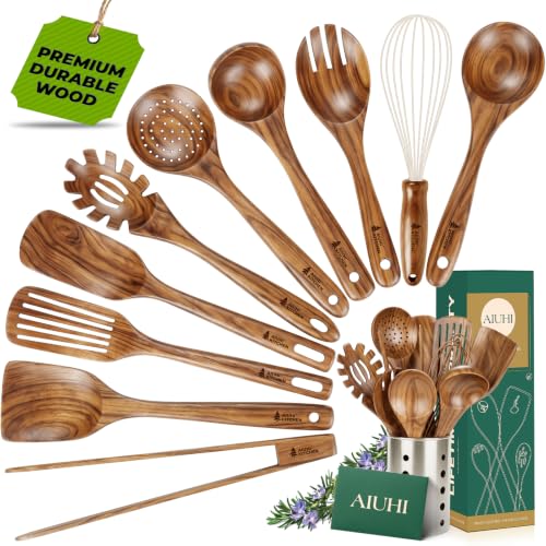 11-Piece Wooden Kitchen Utensil Set with Stainless Steel Holder - Teak Wood Nonstick Cookware Tools