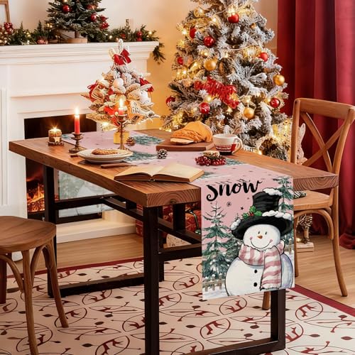 Pink Xmas Snowman Table Runner 13x120 Inch Holiday Home Decor