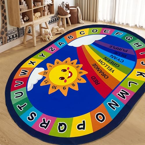 USTIDE Large Oval Kids Classroom Rug 6x9 Rainbow ABC Alphabet Playmat with Non-Slip Backing - Rainbow Sun Variation