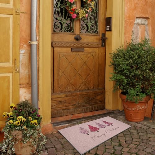 Nogrit Pink Christmas Tree Decor Floor Mat 17x30 Inch Anti-slip PVC Holiday Entryway