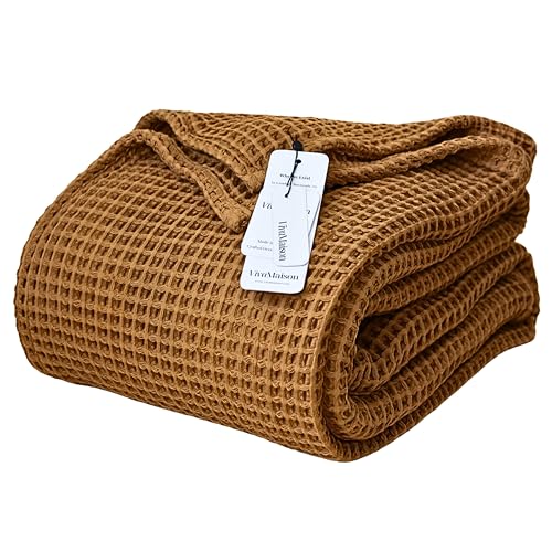 Viva Maison Caramel King Size Waffle Blanket 95x110 Inches - Breathable 100% Cotton