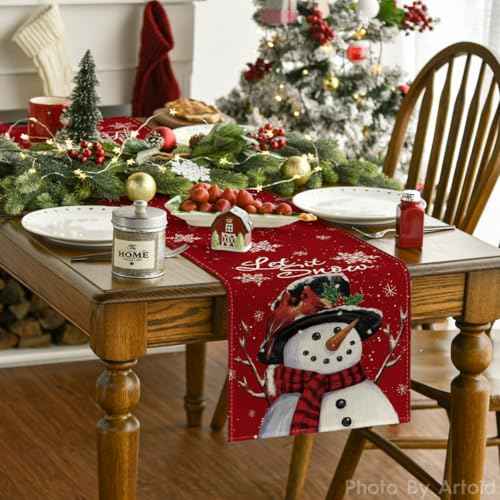 Artoid Mode Red Snowman Let It Snow Winter Table Runner, Seasonal Christmas Kitchen Dining Table Decoration for Home Party Indoor 13x72 Inch