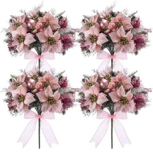 Giegxin 4 Pcs Artificial Velvet Poinsettia - Pink Christmas Flowers