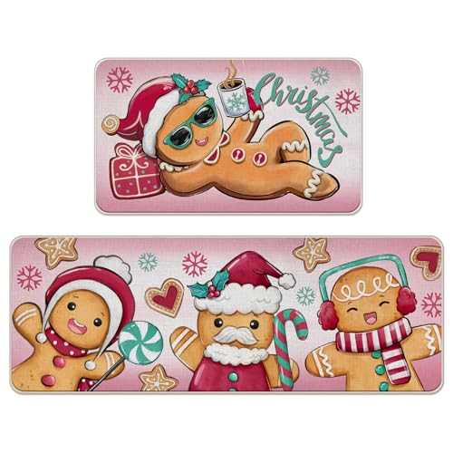 Christmas Gingerbread Man Kitchen Rugs Set of 2 - 17x29 & 17x47 Inches, Non-Slip Holiday Decor