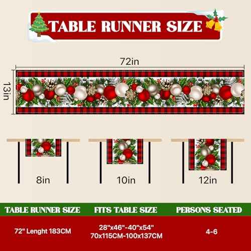Bloss Christmas Table Runner 72 Inches Long,Red Buffalo Plaid Christmas Table Decorations Runner,Xmas Decorations Clearance,Xmas Holiday Kitchen Dining Tables Decoration for Home/Party Christma Decor