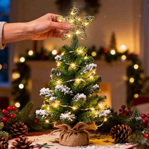 Christmas Tree Topper Rustic Christmas Tree Topper Star 6 Inch, Battery Operated Lighted Rattan Star Warm White Light Christmas Tree Decoration for Small Tabletop Christmas Trees