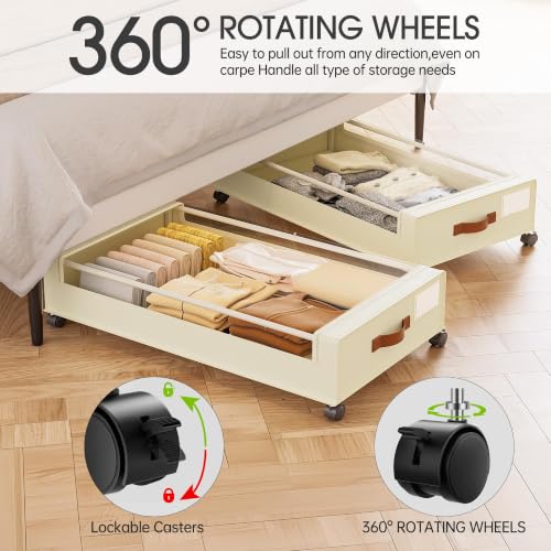 Yecaye Beige Large Under Bed Storage Containers with Wheels 2 Pack