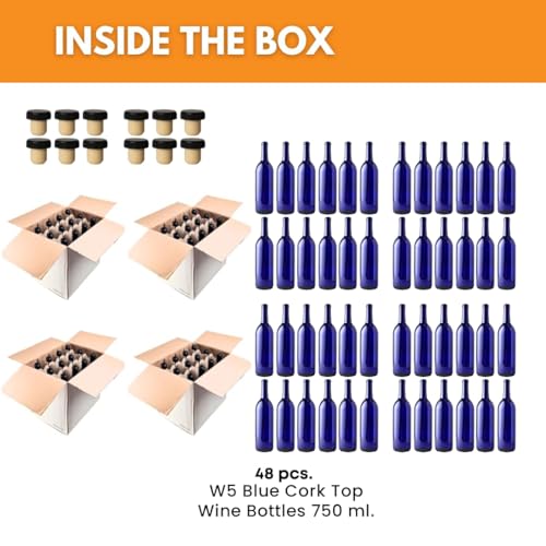 750ml Cobalt Blue Wine Bottles with Cognac Corks, 48-Pack W5 Bordeaux