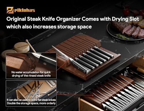 Piklohas Steak Knives Set of 8 with Drawer Organizer & Built-in Sharpener - Premium Cutlery