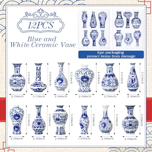 12 Pcs Blue and White Chinoiserie Mini Vases - Classic Porcelain Decor Set