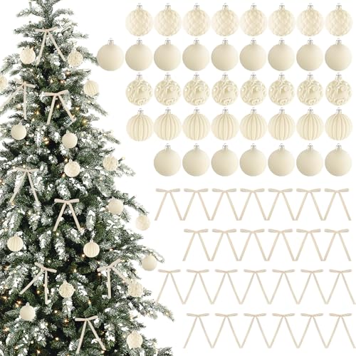 62PCS Cream Yellow Velvet Christmas Ornaments & Bows Set - Shatterproof Holiday Decorations