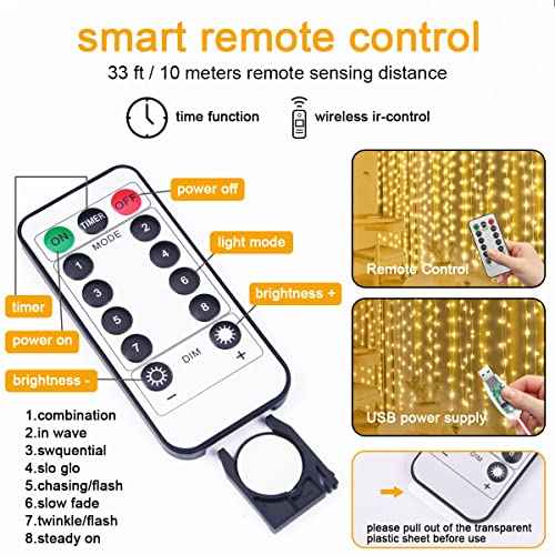 Vicloon Fairy Curtain Lights, Warm White LED 8 Mode 9.8x9.8Ft Waterproof Curtain String Lights for Indoor/Outdoor, Powered by USB with Remote Control