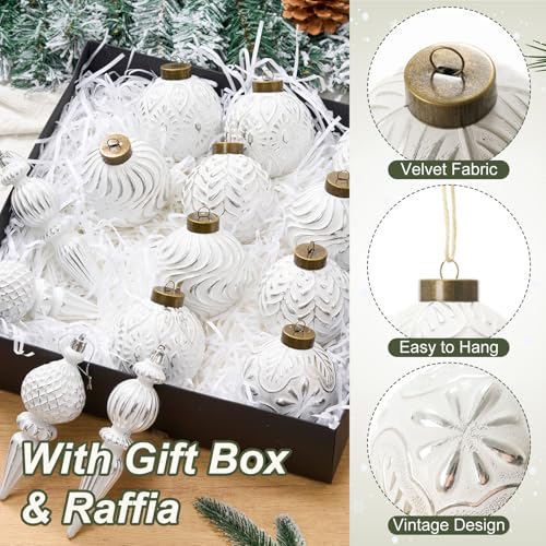 HyDren Silver Vintage Finial Christmas Ornaments, 16 Pcs Shatterproof Ball Set (12 Round 3.15in + 4 Pendant 6.3in)