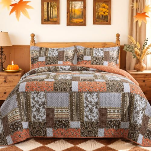Dreamland Orange 100% Cotton King Quilt Set - Farmhouse Bedspread, 98x106 in
