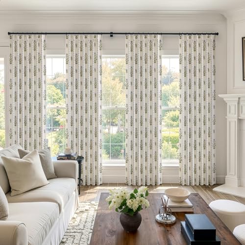 Slozzi Blue & Beige White Floral Linen Pleated Curtains - Pack of 2, 40" W x 96" L