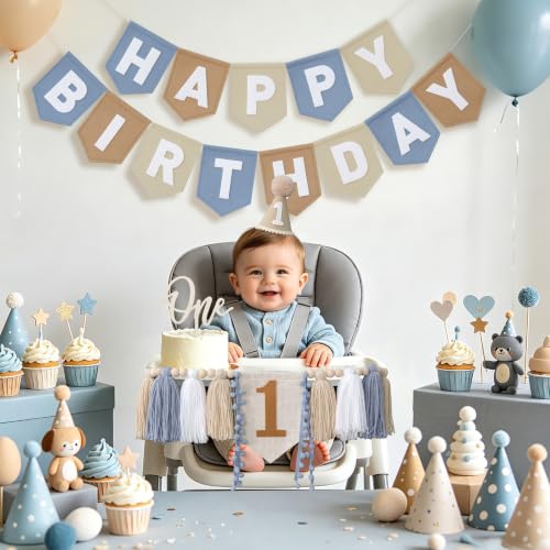 First Birthday Decorations for Boy Blue Khaki White Banner & Party Set
