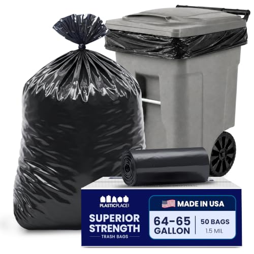 Heavy Duty Black Trash Bags 50 Count - 64-65 Gallon, Puncture Resistant, 1.5 Mil