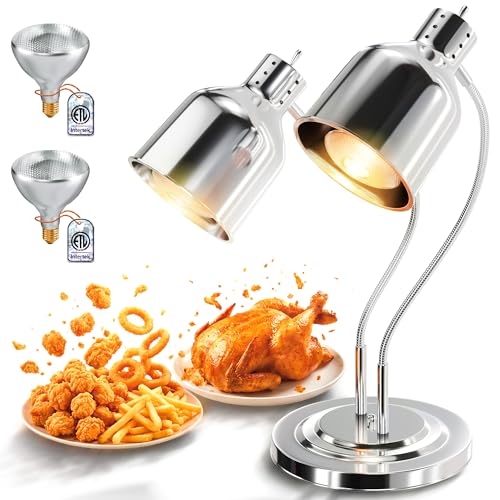 Food Heat Lamp Polished Silver 2-Head 500W Restaurant Food Warmer with 2 Bulbs