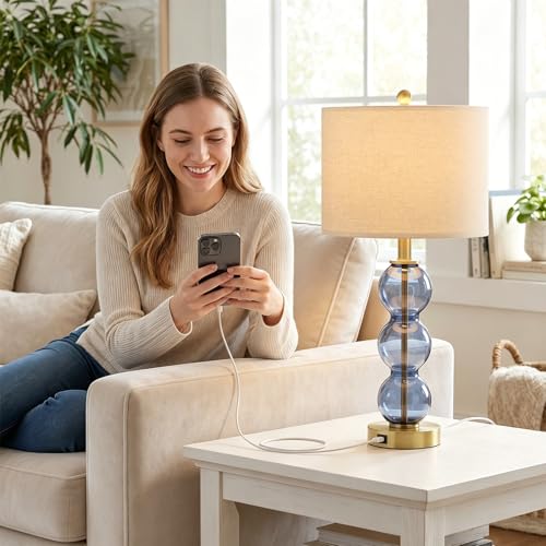Blue Glass Modern Table Lamp Set of 2 with USB Charging Ports - 25 Inch Bedside Lamps for Living Room & Bedroom