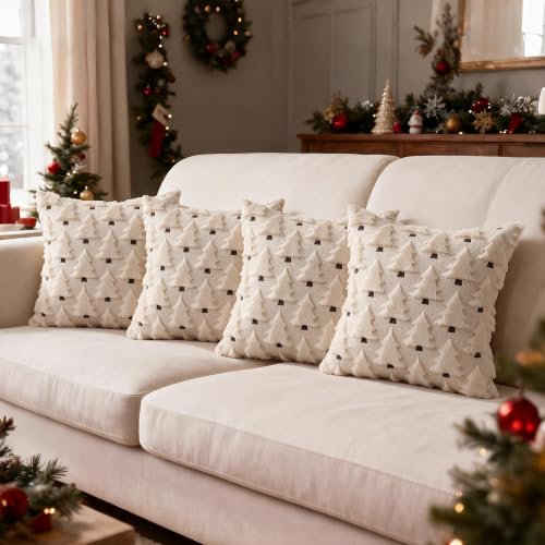 HDVUHKI Christmas Tree 16x16 Inch Throw Pillow Covers Set of 4 Beige - Bohemian Holiday Decor