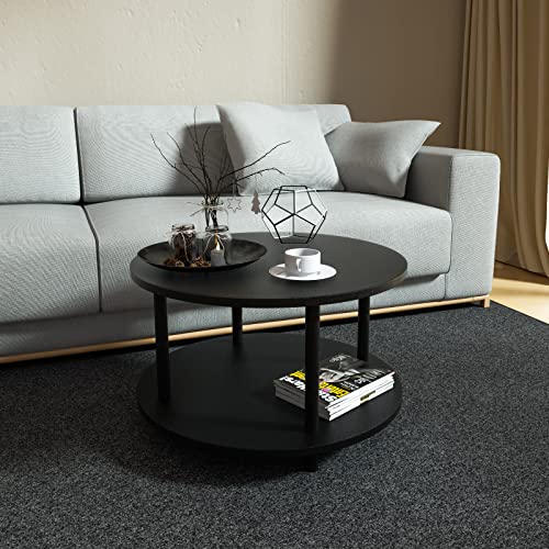 23.5-Inch Black Round Coffee Table with Open Storage - Small Space 2-Tier Wooden Center Table - Vanrohe Variation