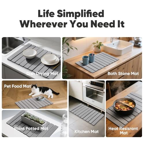 Favorking Light Grey Stone Drying Mat 24x16 Inches - Quick Absorbent, Collapsible Countertop Dish Mat