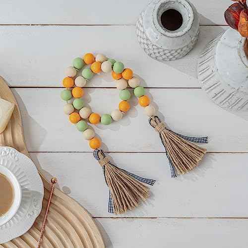 Fall Wood Bead Garland Tassels Thanksgiving Farmhouse Tiered Tray Holiday Decorations Rustic Wooden Bead Jute Rope Plaid Autumn Retro Country Home Decor for Nursery Room Vase (Green & Orange & Beige)