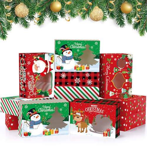 Christmas Bakery Boxes with Window and Festive Designs - Pack of 28